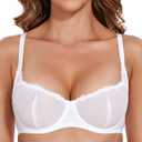 Wingslove Women's Sexy Lace Bra Mesh Balconette See Through Bralette Half Cup Sheer Bras Unlined Underwire Suppport (32DD, White)