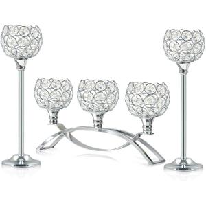 Crystal Tealight Candle Holder Centerpiece Home Decorative Candlestick Holder Elegant Table Centerpiece Home Decor Wedding Party Anniversary (Silver, Set of 3)