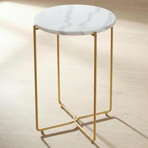 Real Marble Side Table, No Assembly Required Round End Table for Living Room, 15" Modern Small Accent Bedside Table with Gold Metal Legs, Waterproof Nightstand for Sofa, Bedroom, White, Large