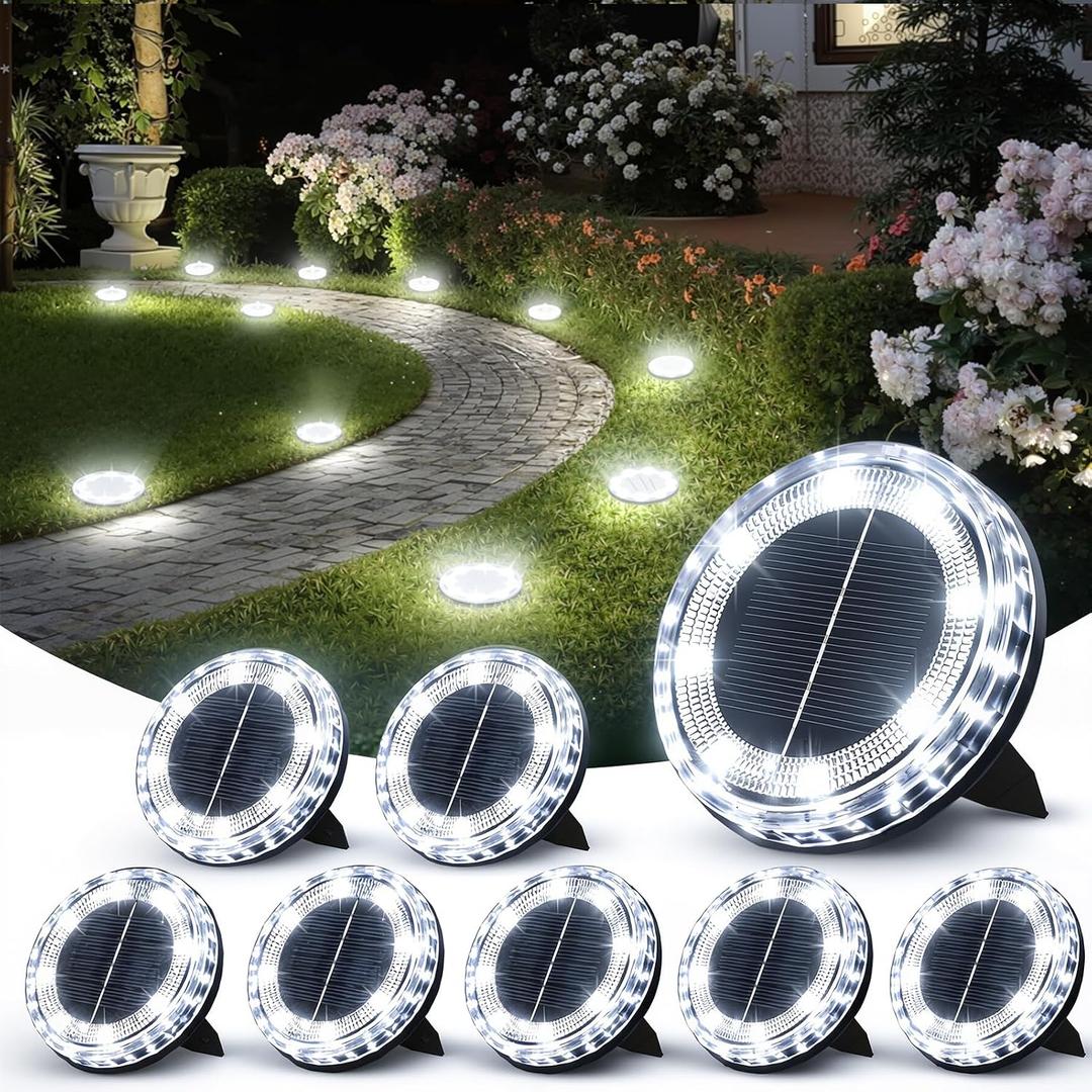 8 Pack Solar Ground Lights Outdoor Waterproof, 8 LED Solar Disc Lights, IP65 Waterproof Long Lasting Flat Light for Garden Pathway Walkway (Cool White)