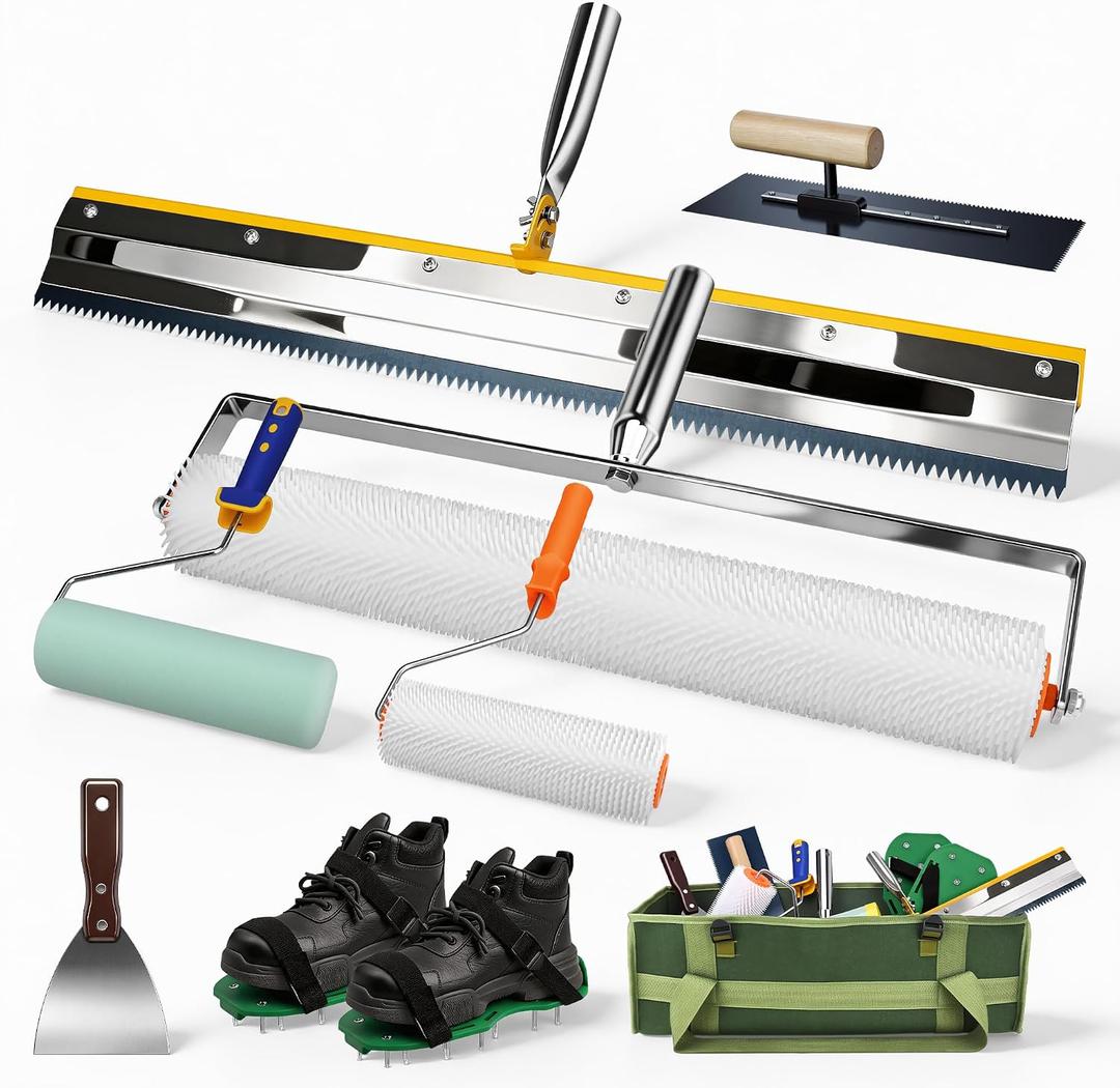 Self Leveling Concrete Tool Kit with Floor Squeegee,Spiked Rollers, Spike Shoes,Wooden Handle Floating Trowel,Storage Bag,Professional Epoxy Floor Leveling Tools for Cement,Resin,Garage Flooring