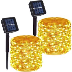2 Pack Total 200 LED 66FT Solar Powered Copper Wire String Lights Outdoor, Waterproof, 8 Modes Fairy Lights for Garden, Patio, Party, Yard, Christmas (Warm White)