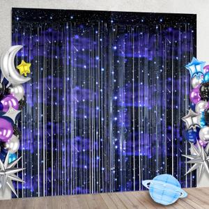 2 Pcs Galaxy Foil Curtains Backdrop for Space Themed Party Decorations, Iridescent Tinsel Curtains Blue Streamers for Space Astronaut, Music Birthday Party Decorations, 6.6 X 6.6 Ft