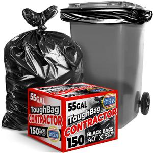 ToughBag 55-60 Gallon Heavy Duty Trash Bags - 150 Count, Large Black Garbage Bags - Made in USA