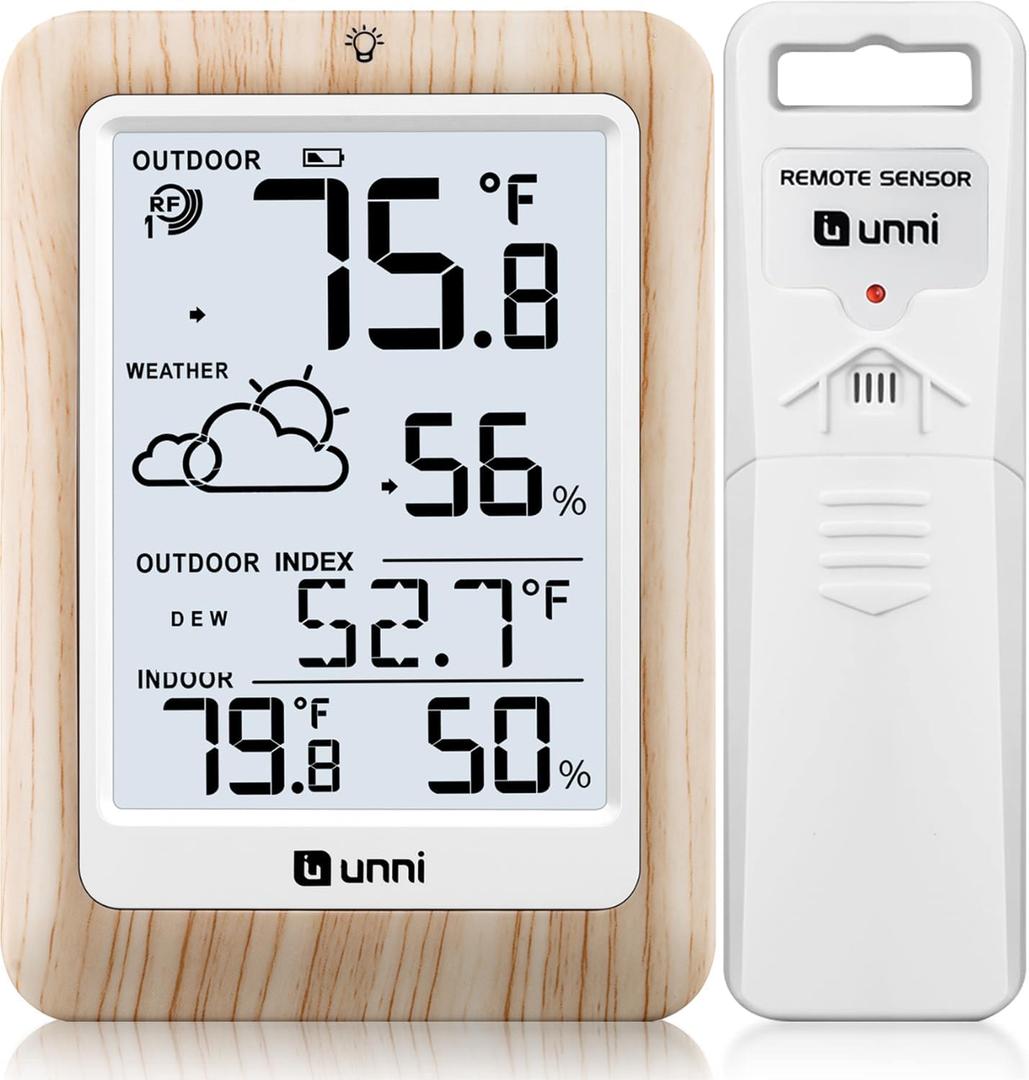 Indoor Outdoor Thermometer Wireless Weather Station, Temperature Humidity Monitor Battery Powered Inside Outside Thermometers with 330ft Range Remote Sensor and Backlight DisplayWood