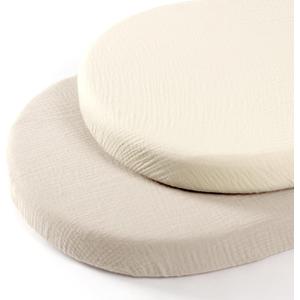 lulumoon Baby Muslin Bassinet Sheets: Cotton Bassinet Sheets Neutral for Boys and Girls - Fitted for Oval Rectangle or Hourglass (Standard Bassinet, White & Cream)