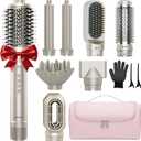 8-in-1 Dual Voltage Hot Air Styler & Hair Dryer Brush with Straightener & Curler Attachments, 110,000 RPM Ionic Fast Drying for Frizz-Free Styling, Includes Travel Bag (Champagne Gold)