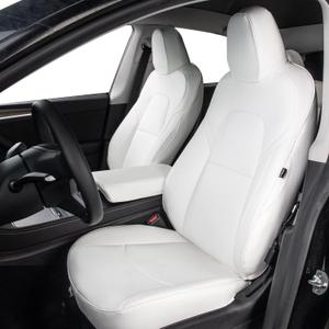 Nappa Leather Car Seat Covers Fit for Tesla Model Y 2017 2018 2019 2020 2021 2022 2023 2024, Soft and Comfortable, Easy to Clean.Reserved Seat Belt Hole-White