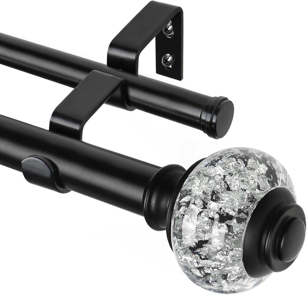 1 Inch Double Curtain Rods 72 to 144 Inches (6 to 12 ft), USFOOK Black Drapery Rods for Windows, Telescoping Dual Curtain Rod with Translucent Finials