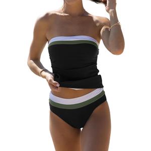 Beachsissi Bandeau Swimsuits for Women Strapless Swimwear Bathing Suits Tummy Control Color Block Tankini Sets (Large, Black)