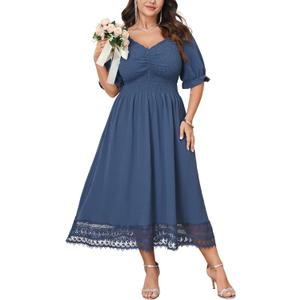 Plus Size Smocked Milkmaid Maxi Dress for Curvy Women Puff Sleeve Wedding Guest Summer Dresses Lace Trim (Blue, XL)
