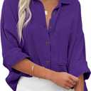 Diosun Womens Casual Button Down Shirts V Neck Long Sleeve Cotton Loose Fit Plain Work Blouse Tops with Pocket (Purple, M)