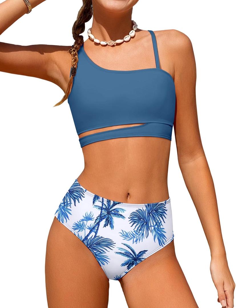 Queenstyle Girls Swimsuits Bikini Set Kids Cutout Bathing Suit Bikini Top Two Piece Girls' Swimwear (9-10 Years, Navy Blue)