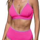 Fisoew Womens High Waisted Bikini Sets Triangle Ribbed Color Block Two Piece Swimsuit Sexy High Cut Bathing Suit (Large, Pink)