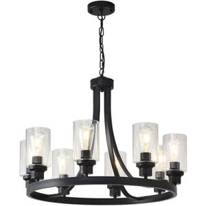 Farmhouse Chandelier Black Dining Room Light Fixture 8-Light Ceiling Hanging Rustic Wagon Wheel Chandeliers for Living Room Bedroom Foyer Porch Kitchen Island