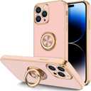 Hython for iPhone 14 Pro Case with Ring Stand [360 Rotatable Ring Holder Magnetic Kickstand] [Support Car Mount] Plated Gold Edge Soft TPU Luxury Shockproof Protective Phone Case Cover, Pink