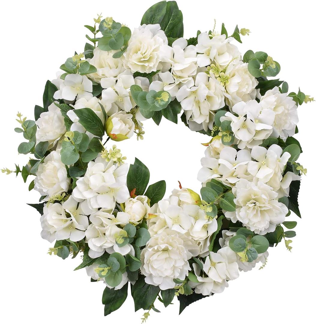 I-GURU Hydrangeas Spring Wreath for Front Door 22-24 Inch, Greenery Summer Door Wreaths with White Peony Flowers, Eucalyptus for Home Farmhouse Outdoor Indoor Holiday Wedding Party Wall Windows Decor