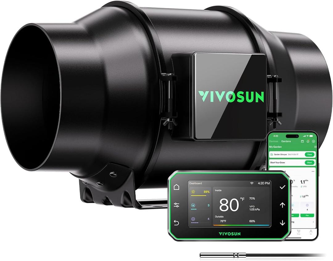 VIVOSUN G6 6" Inline Duct Fan & Temperature Humidity Controller, E42A WiFiApp Control AeroZesh Grow Tent Fan& Smart Thermostat, 388 CFM EC Motor Exhaust Fan for Heating Cooling, Greenhouse Accessory