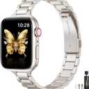 WFEAGL Thin Metal Bands Compatible with Apple Watch Band 46mm 45mm 44mm 49mm 42mm (Series 3 2 1) for Women, Slim Stainless Steel Wristbands for iWatch Ultra SE Series 11 10 9 8 7 6 5 4 (Starlight)