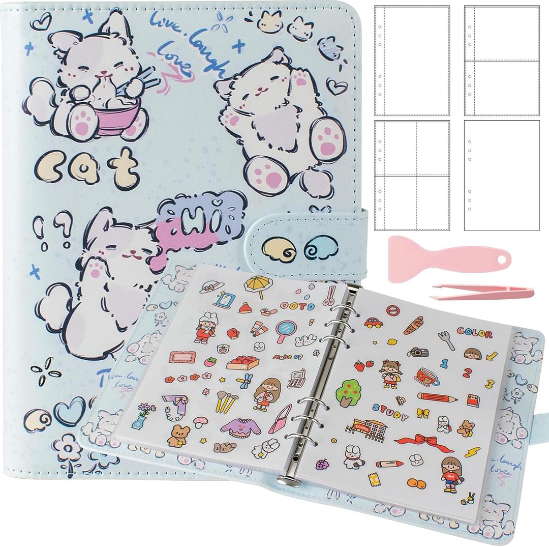 Reusable Sticker Book Collecting,A5 Binder Album Sticker Storage Organizer with Blank Release Paper and Pocket for Adult Kids,Cartoon Leather Binder Cover & Magnetic Buckle Closure(Blue)