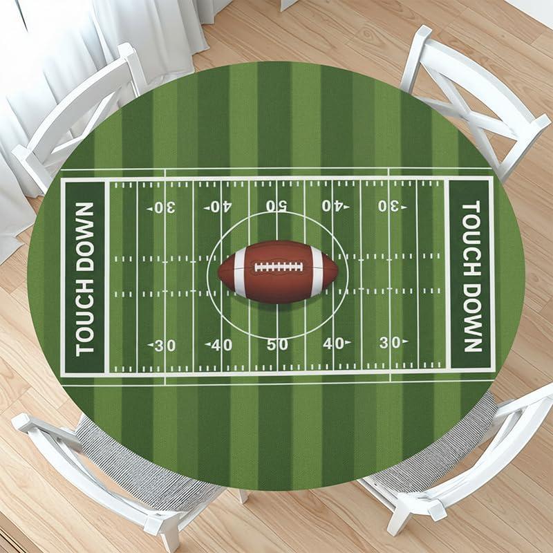 Football Field Round Fitted Tablecloth with Elastic Edge Green Rugby Sports Theme Party Decorations Circle Table Cloth for 40-44" Tables Reusable Wipeable Tailgate Table Cover for Birthday Outdoor
