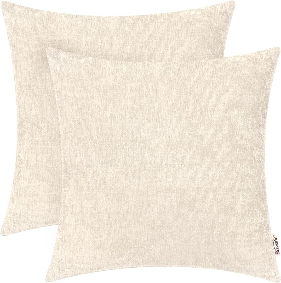 BRAWARM Throw Pillow Covers 22x22 Inches - Cream Chenille Pillow Covers Pack of 2, Solid Dyed Soft Chenille Pillow Cases for Couch Sofa Bed Home Decoration