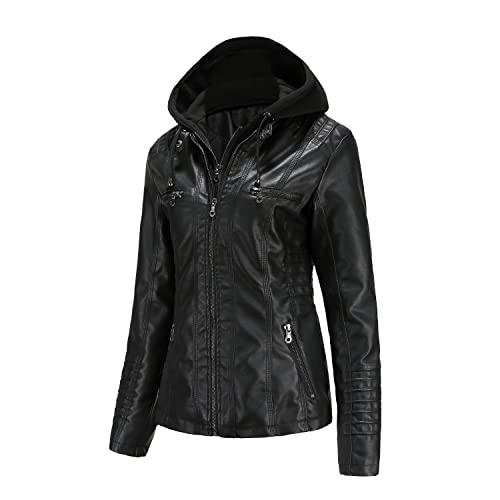 Tagoo Faux Leather Jacket Women Motorcycle Coat for Biker with Removable Hood Plus Size.3XL