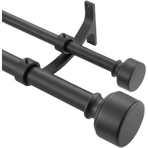 Matte Black Double Curtain Rods 72-144 Inches, Adjustable Double Window Rod with Modern End Cap, Heavy Duty 1-Inch Front and 5/8 Inch Back Telescoping Double Drapery Rod