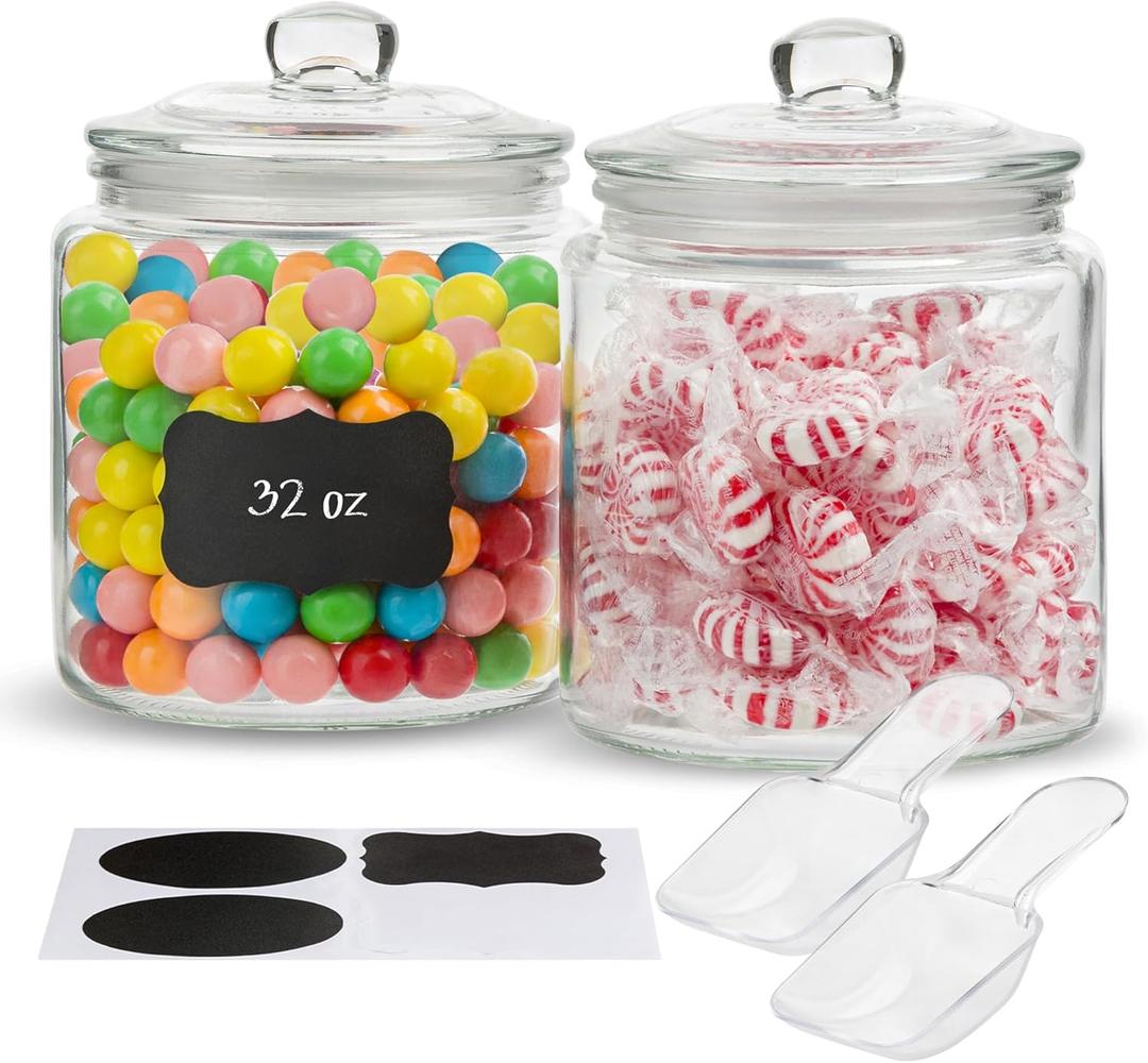 KooK Glass Storage Jars with Lids - 32oz (Set of 2), Kitchen Canisters for Sugar, Cookies, Cotton Balls, Glass Containers with Chalkboard Labels and Airtight Lid