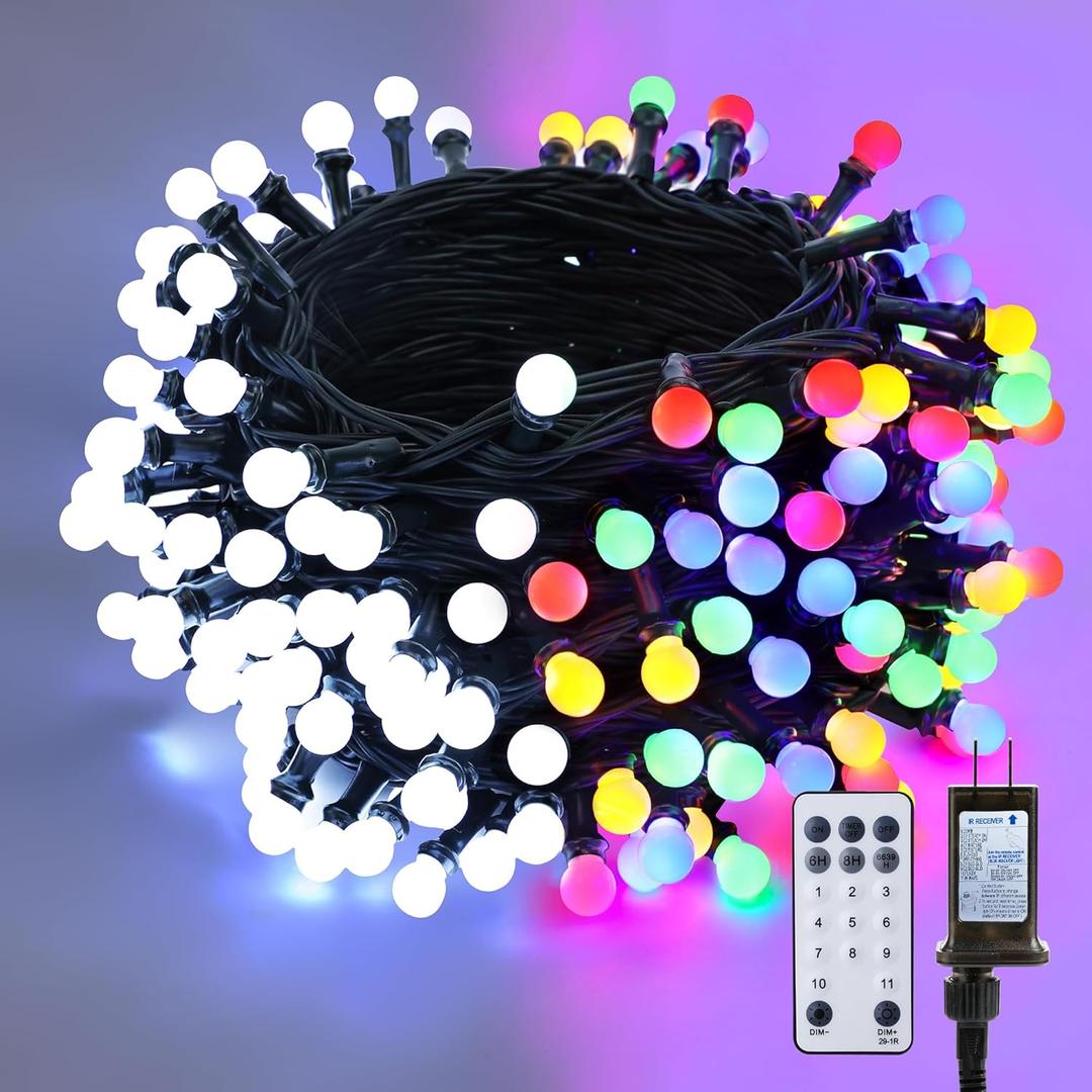 Brizled Outdoor Christmas Lights, 66ft 200 LED Color Changing String Lights, Cool White & Colored Christmas Lights, Dimmable Berry String Lights, Connectable LED Christmas Lights for Xmas Tree Party