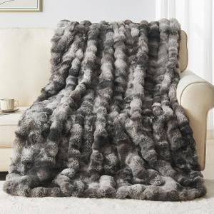 Lotus Karen Faux Fur Blanket Tie-Dye Dark Gray Twin Size - Big Bubble Rabbit Fluff Throw for Couch Small Fluffy Fuzzy Cozy Thick Furry Plush Shaggy Blankets 108x90 Inches