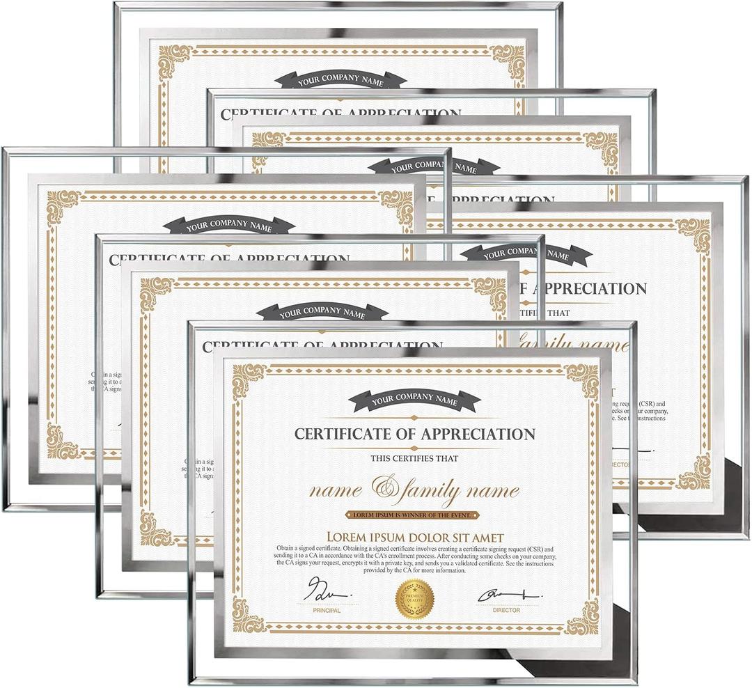 6 x Hoikwo 8.5x11 Picture Frames, 6 Packs Silver Glass Certificate Frames for Document Diploma Award, Only for Tabletop Display Vertically or Horizontally