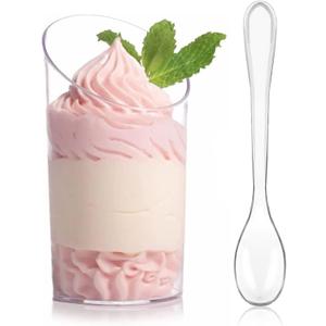 Zezzxu 50 Pack Mini Dessert Cups with Spoons, 2.2 oz Plastic Small Dessert Shotter Cups Slanted Appetizer Cups for Serving Mousse Pudding Triffle