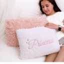 Perfectto Design Set of 2 Decorative Pillows for Toddler Kids Room. White Fluffy Princess Embroidered and Furry Pink Faux Fur Pillow. Soft and Plush Throw Pillows for Kid’s Bedroom Décor