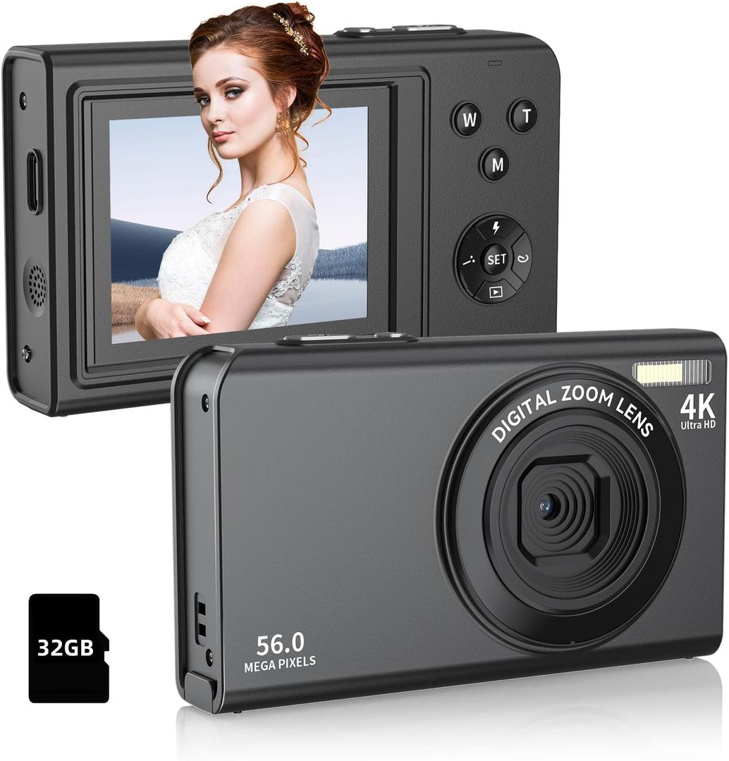 Digital Camera,56MP FHD 1080P with 16X Digital Zoom & Anti-Shake, 2.8" Screen Compact Point and Shoot Camera for Kids Teens Beginners, Includes 32GB SD Card, Portable for Travel Photography (Black)