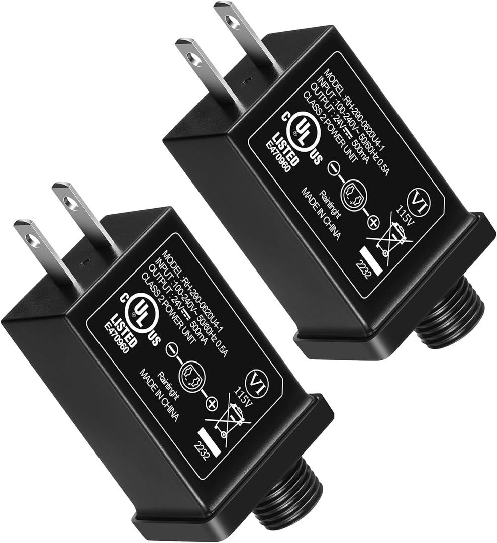 2PCS 24V 12W LED Power Supply, Class 2 Power Supply LED Transformer Replacement for Christmas String Lights, Waterproof IP44 US Plug Adapter