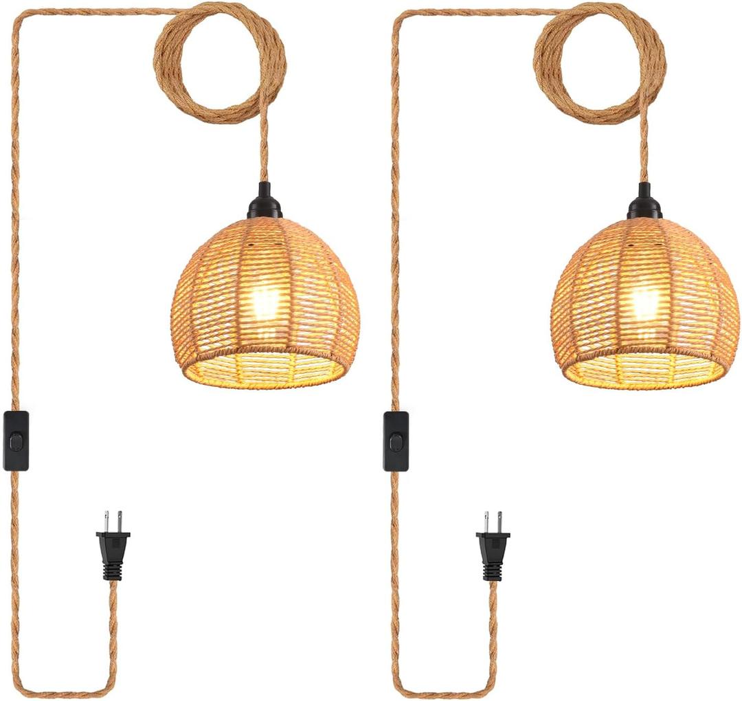 Plug in Pendant Light, Industrial Hanging Light with Plug in Cord Hemp Rope On/Off Switch Farmhouse Pendant Lamp with Plug in Cord, Vintage Hanging Lamps for Dining Room (2 PACK, Black)