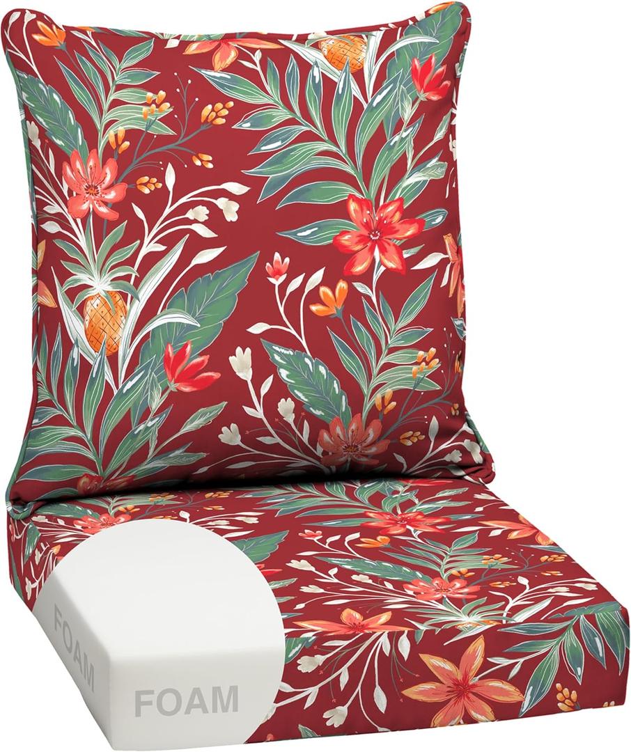 Arden Outdoor Deep Seat Cushion Set, Foam, 24x24, Red Tropical Floral | earthFIBER, Sofa, Couch, Conversation Set, Premium High-Density Foam, Never Flattens, Mold and Mildew Resistant, 1 Pack