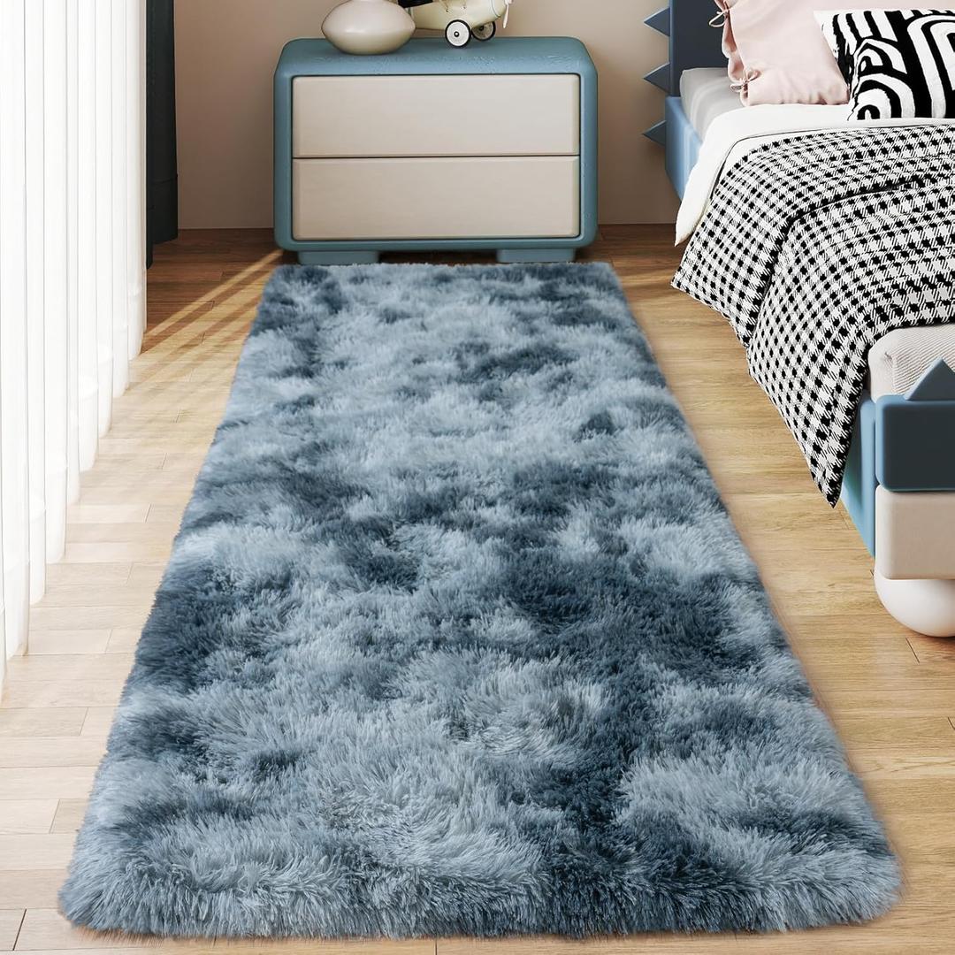 Soft Runner Rugs for Bedroom Hallways, 2x6 Tie-Dyed Blue Grey Fluffy Shag Throw Area Rug Non Slip for Bedside Dorm, Long Shaggy Furry Carpet for Nursery Living Room