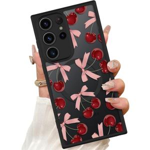 ZIYE Magnetic Case for Samsung Galaxy S22 Ultra 6.8 Inch [Compatible with MagSafe] Hard PC and Soft TPU Case with Cherry Pink Bows Anti-Scratch Shockproof Protection Phone Cover for Women