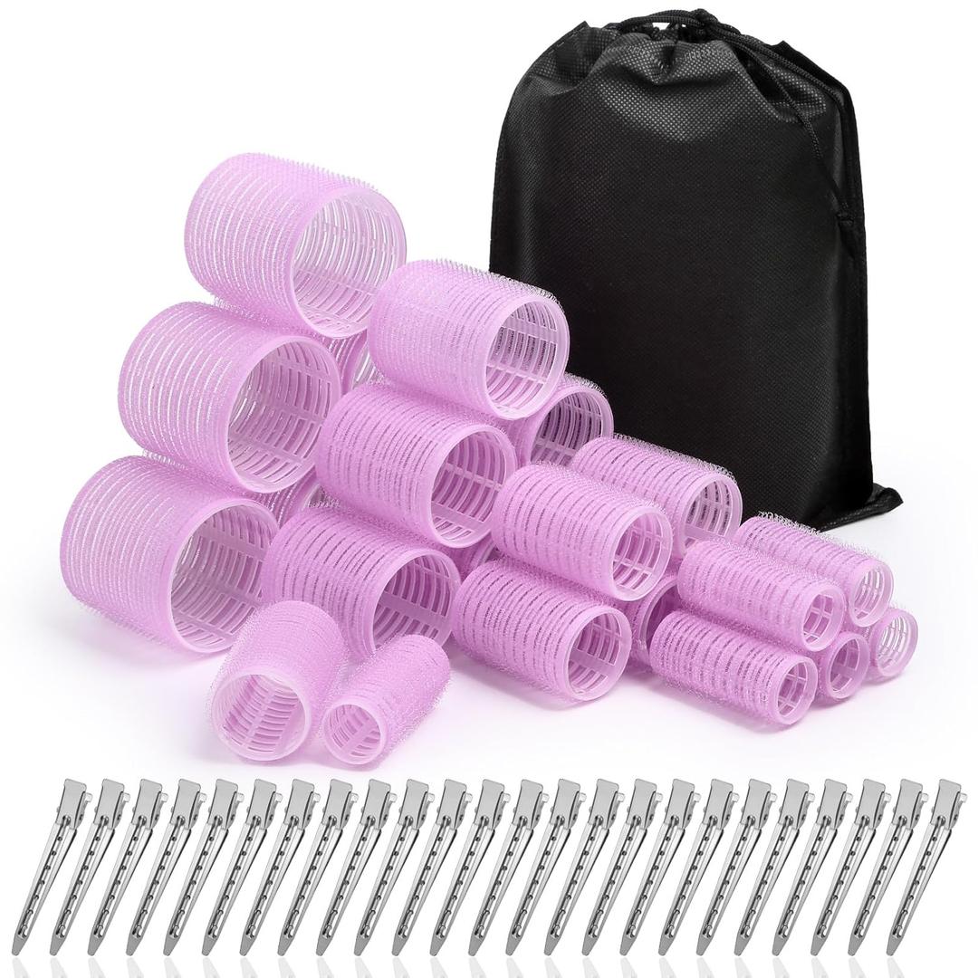 Rollers Hair Curlers Set of 48 with 24 Curlers (6 Jumbo, 6 Large, 6 Medium, 6 Small) and 24 Clips for Long, Medium, Short Hair (Purple)
