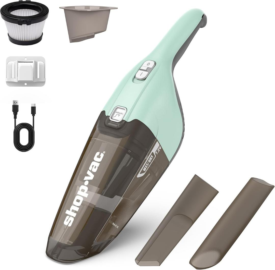 Shop-Vac Wet/Dry Handheld Vacuum, Powerful Small Vacuum Cordless Rechargeable, Wall-Mounted Hand Vac with Crevice Tool, Portable Vacuum for Home & Car, Lightweight & Compact, Green