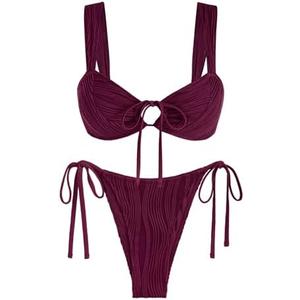 ZAFUL Women's Cinched Bikini Solid Color Wave Textured Knotted Tied Side Two Piece Swimsuit Bathing Suits, Medium