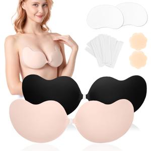 Awant Strapless Backless Sticky Push Up Bra Invisible Stick on Adhesive Bra for Women Reusable with Nipple Covers 2 Pairs D Cup Beige and Black