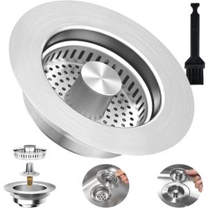 3-in-1 Kitchen Sink Drain Strainer Stopper, Upgraded Stainless Steel Sink Plug with Anti-Clog Filter Basket, Fits Standard 3-1/2 Inch Drain Hole, Pop Up Garbage Disposal Cover Food Catcher (Silver)