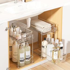 Vtopmart 2 Pack Higher Bathroom Organizer, 2 Tier White Under Sink Organizers Vanity Countertop Storage Container,Cabinet Drawers Bins, Pull-Out Organization with Track for Pantry, Kitchen