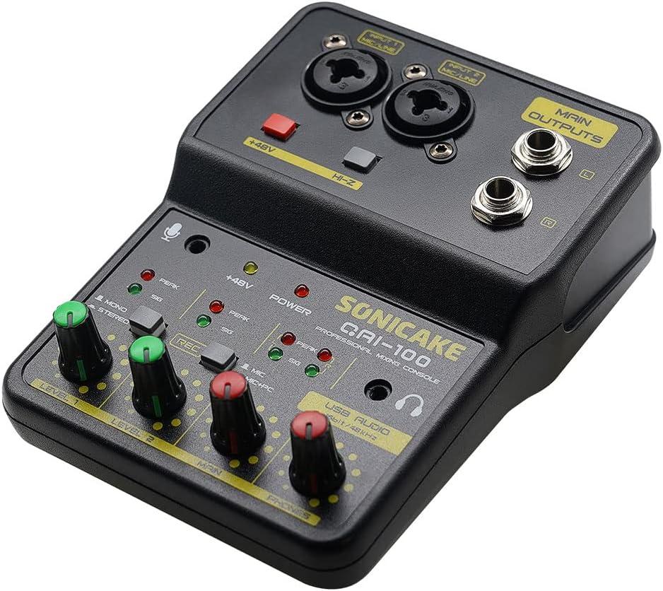 SONICAKE Audio Mixer, Portable USB Mini Sound Board Console, 2 Channel with Sound Card, 48V Phantom Power Compact DJ Mixers for PC & Music Recording, Live Streaming, Podcasting, KTV, Karaoke