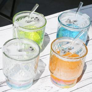 4 Pack Glass Cups with Lids and Straws Clear Iced Coffee Cups Cute Reusable 13oz Thickened Glass Tumbler Cups Travel Mug with Leak-Proof Sippy Lids for Morning Green Juice, Matcha (Dots)