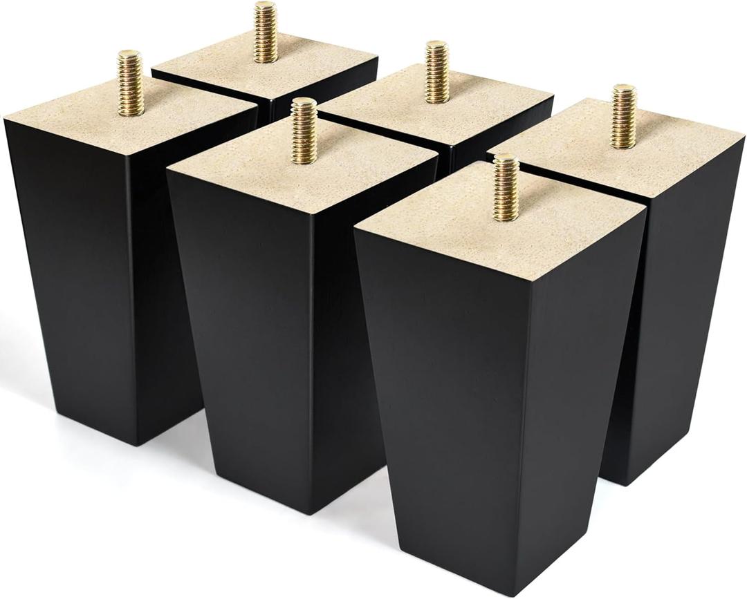 AORYVIC Furniture Legs, 5 inch Wood Couch Legs, 6Pack Sofa Replacement Legs, Black Legs for Sectional, Dresser, Recliner, Nightstand, Ottoman, End-Table, DIY Furniture Feet, Rubber Wood Legs