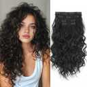 Curly Hair Extensions,LEOSA 4PCS 16 inch Clip in Hair Extensions Short Soft Natural Hairpiece Lace Weft Curly Wave Clip Ins Extensions Invisible for Women,Natural Black with Eylashes and Hairpins